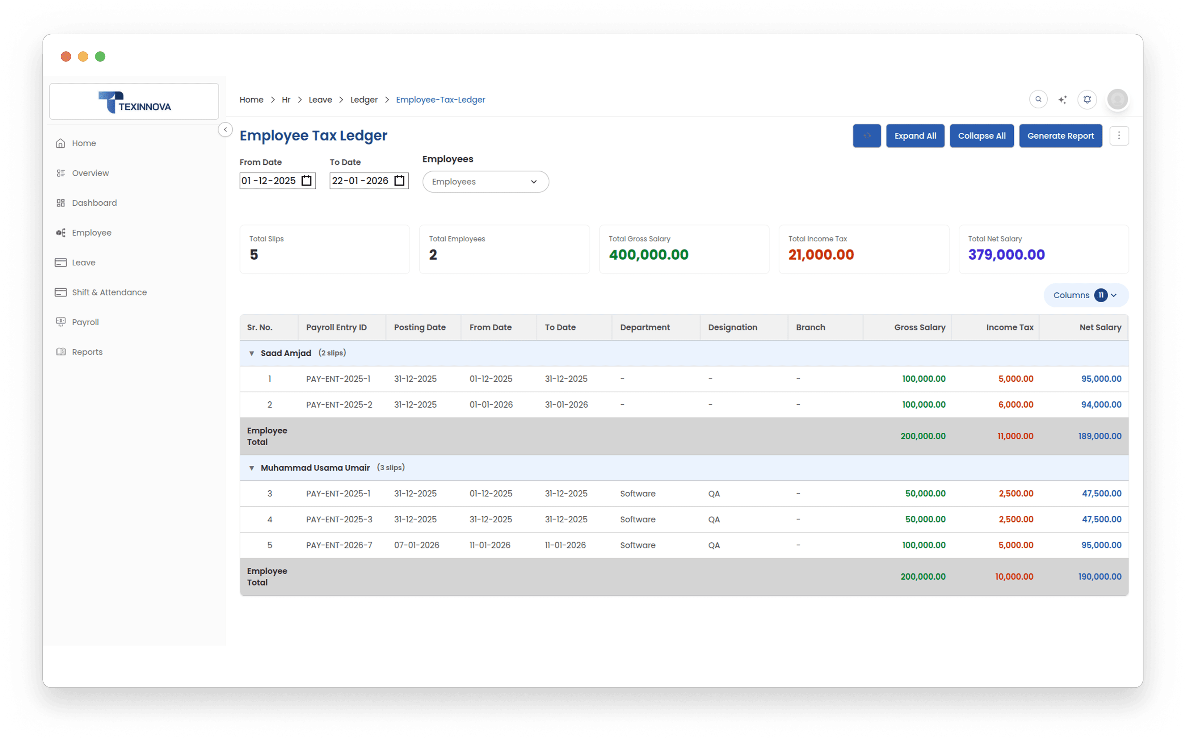 Employee Ledger & Tax Management