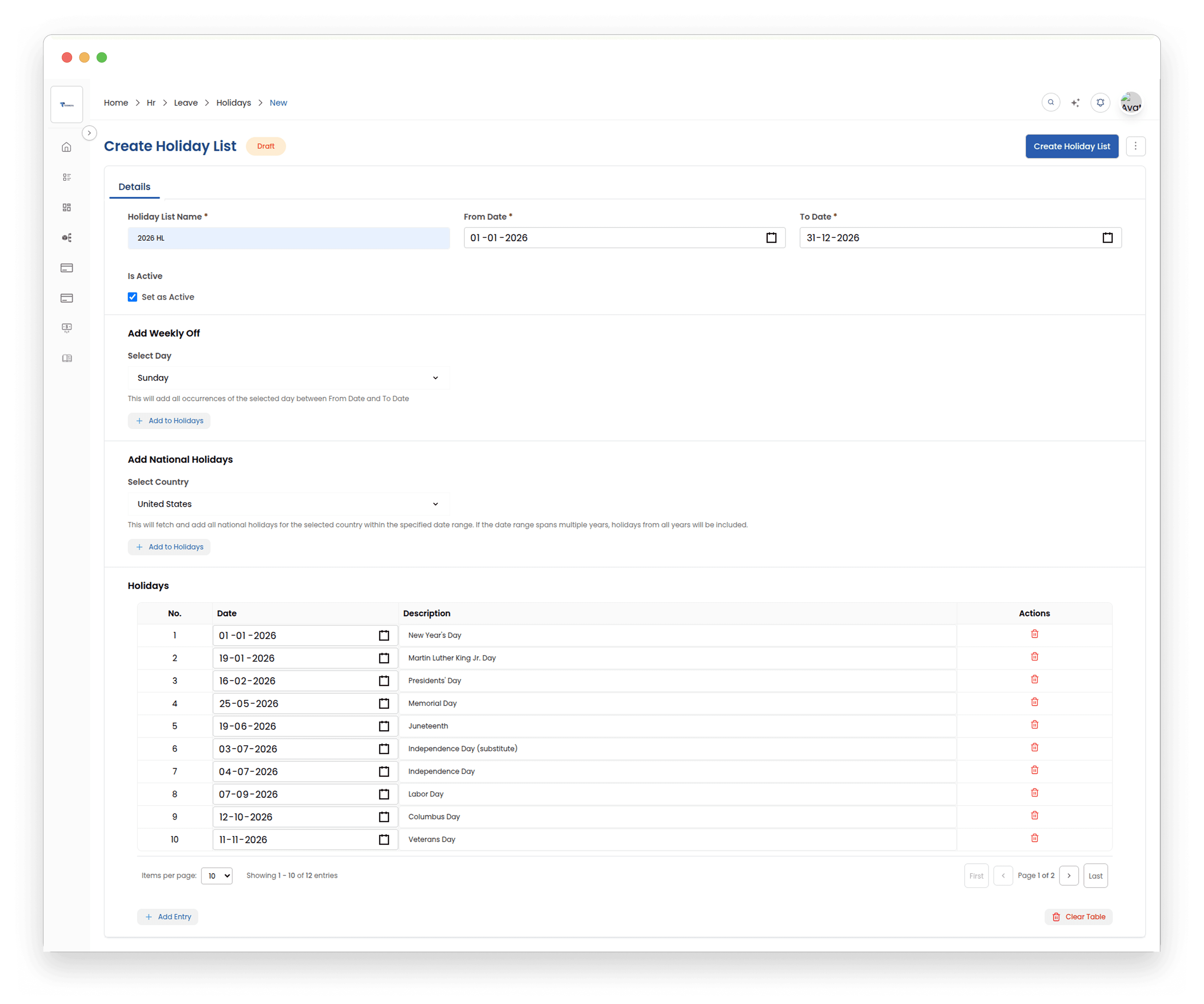 Holiday Lists & Working Days