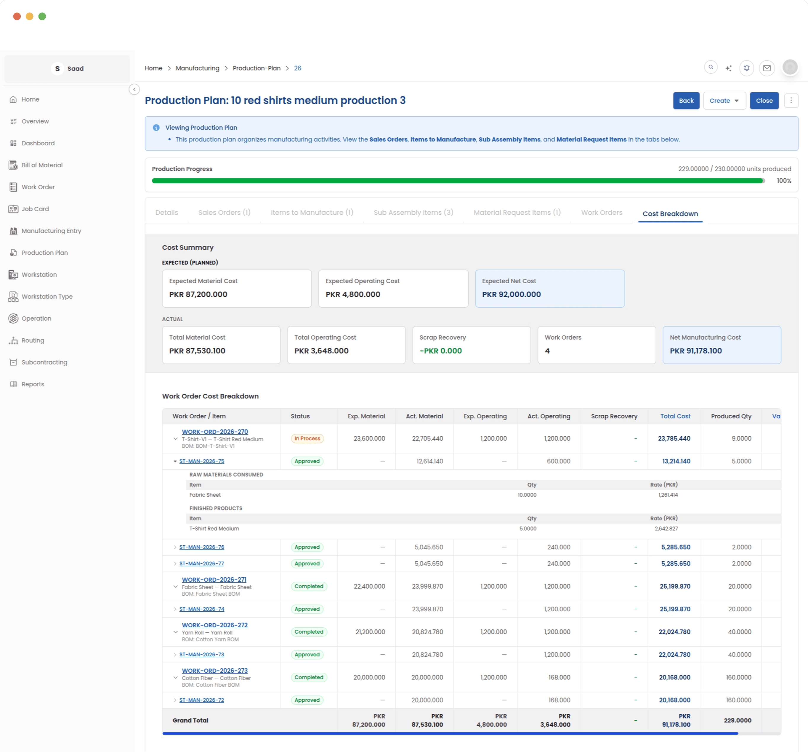 Track actual production costs