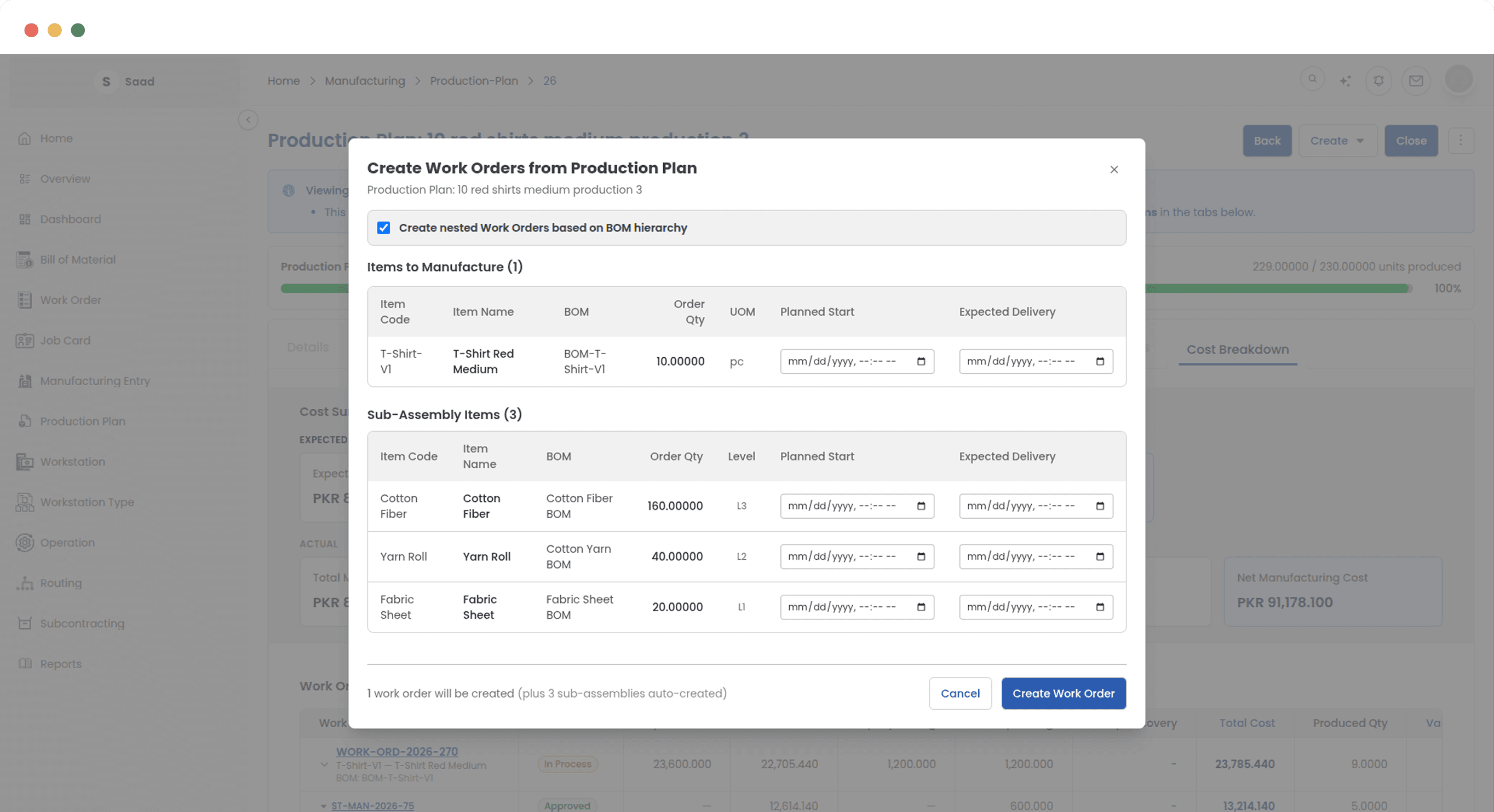 Initiate production in one action