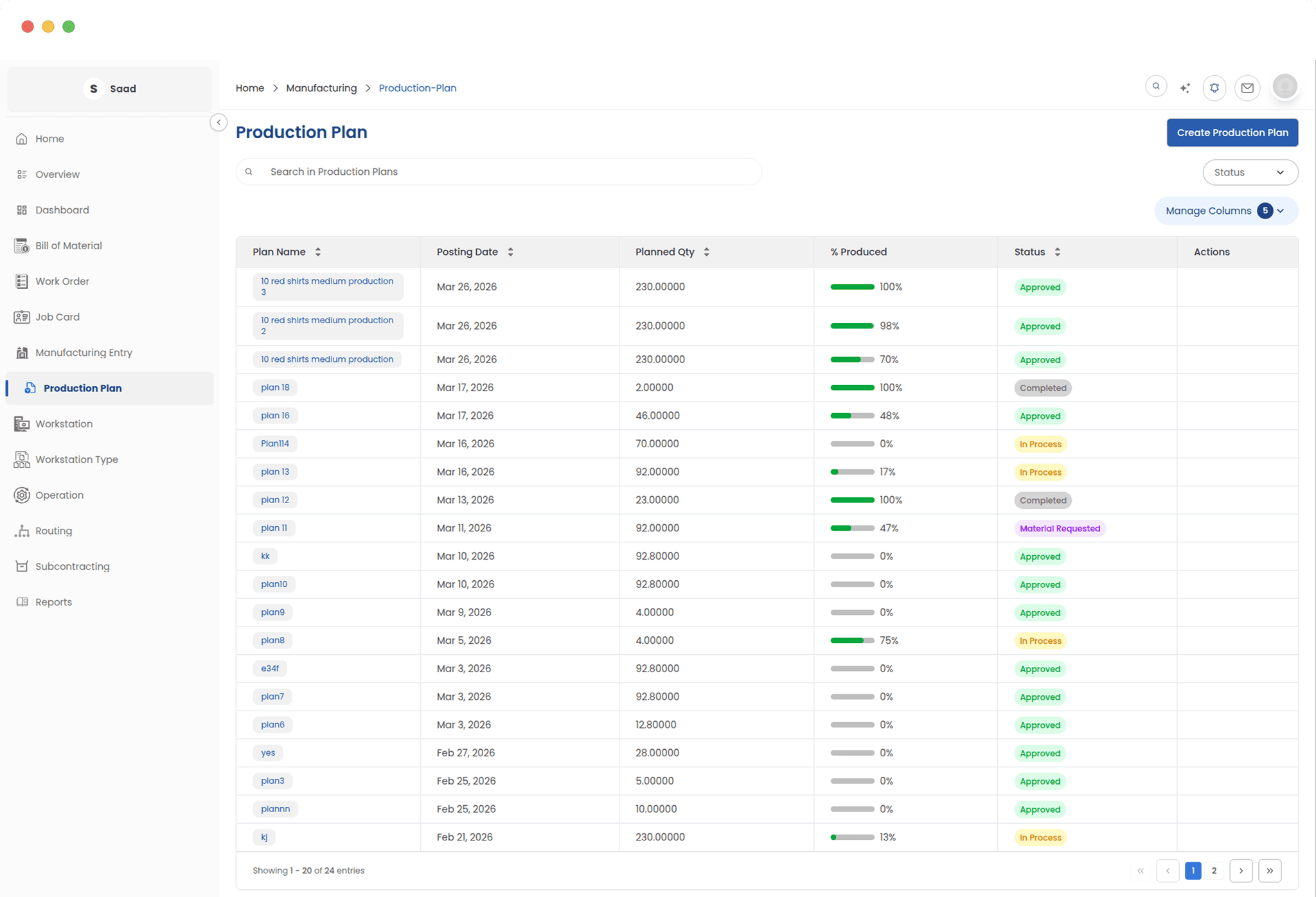 Production Plan list view showing manufacturing plans and status