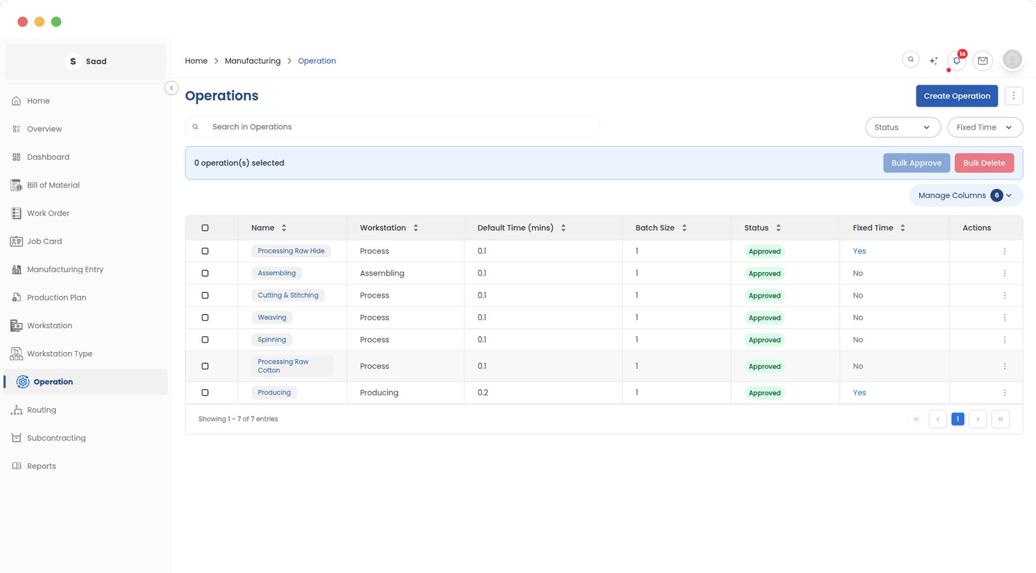 Operations list view showing manufacturing process steps