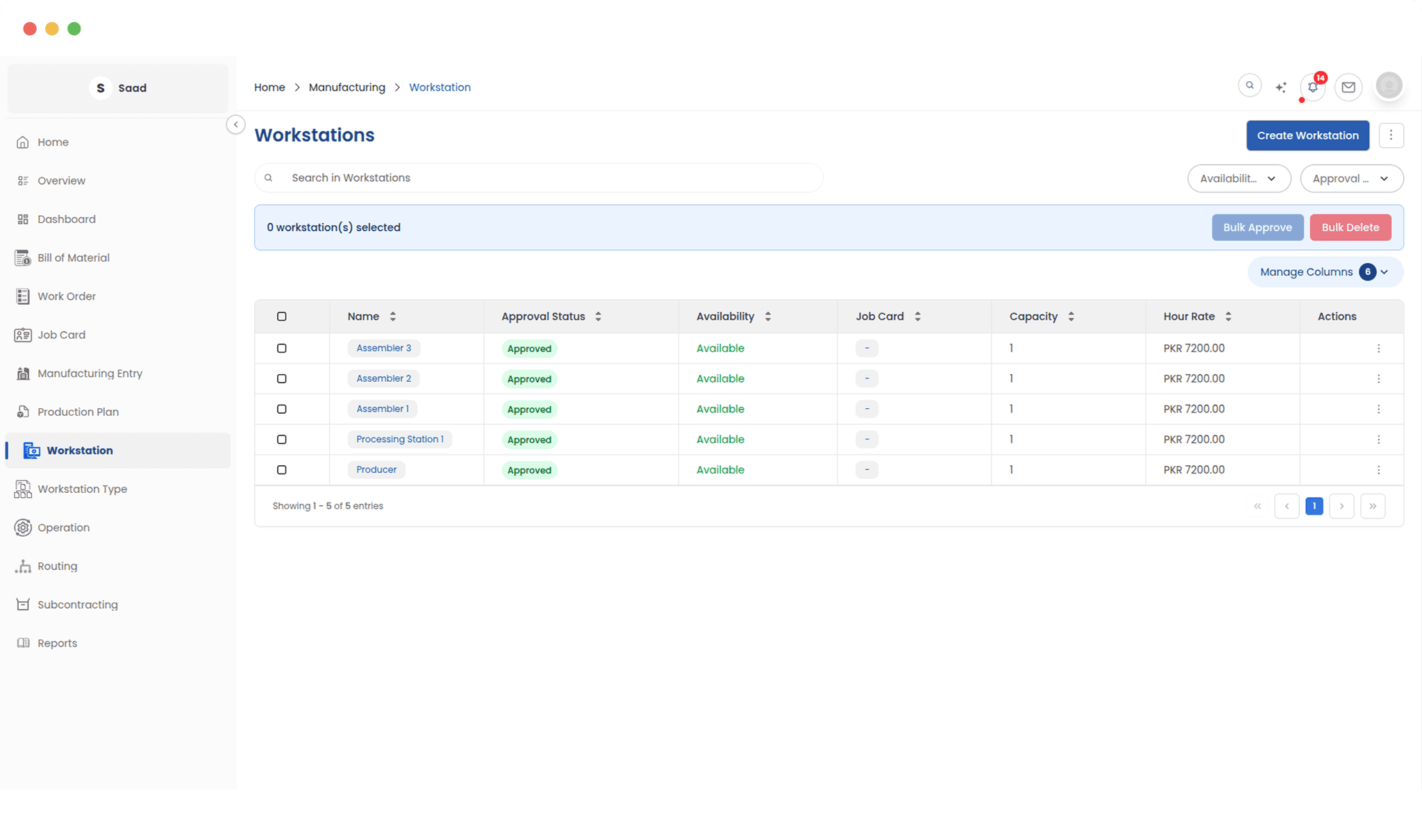 Workstation list view showing machines and work centres
