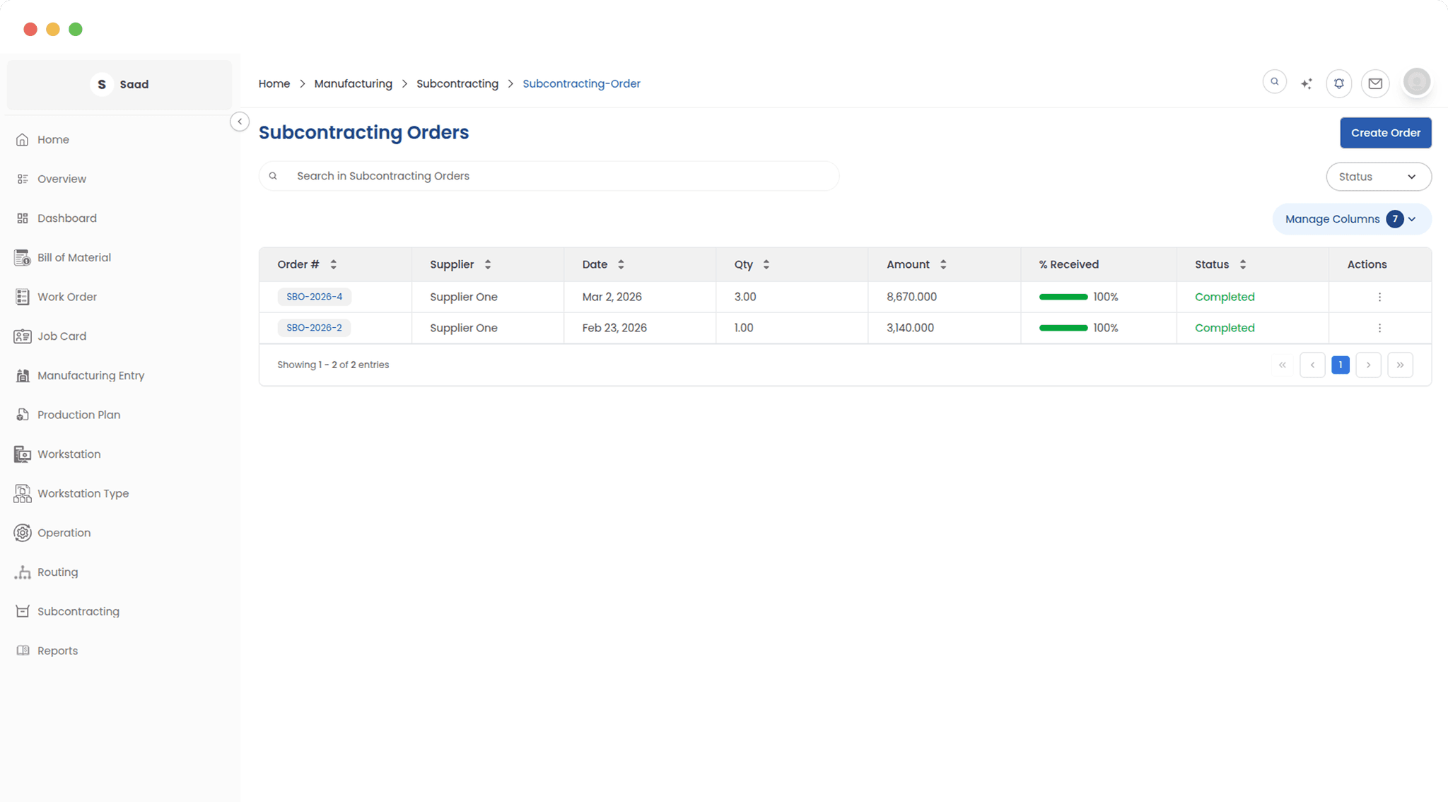 Subcontracting Orders list view showing outsourced manufacturing orders