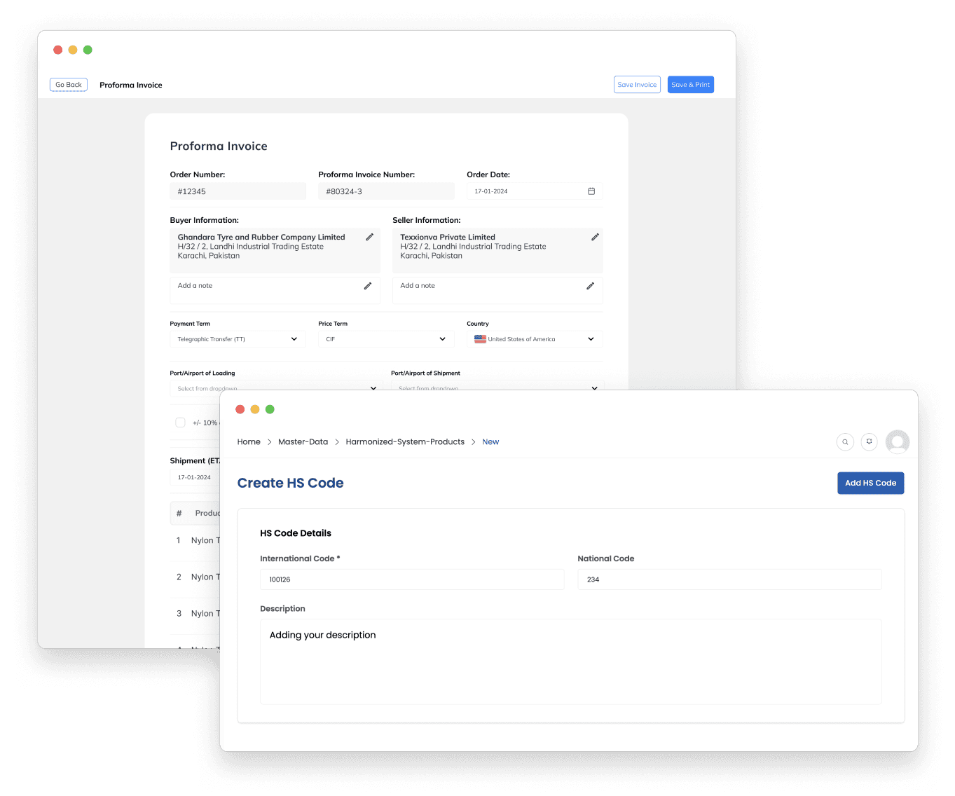 Create Product HS Codes, Items and Proforma Invoices Seamlessly
